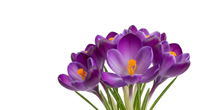 Vibrant purple crocus flowers with bright orange stamens, a beautiful symbol of spring and new beginnings, blooming in a cluster and isolated on transparent background