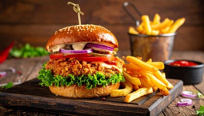 Crispy golden chicken nugget dipped into rich red ketchup sauce on wooden board with blurred background tasty