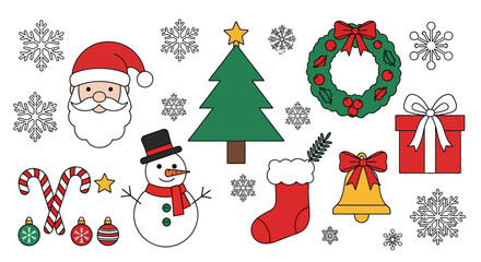 A collection of colorful Christmas holiday icons and decorations including Santa, a Christmas tree, snowman, wreath, gifts, and snowflakes in a flat design style.