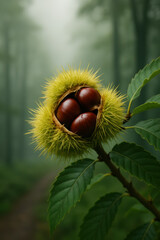 Ripe chestnut cluster with spiky green husk on branch surrounded by green leaves in misty forest, showcasing natural texture and vibrant autumn colors in soft light