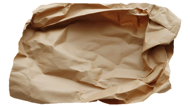 A crumpled brown paper bag with a textured surface isolated on transparent background