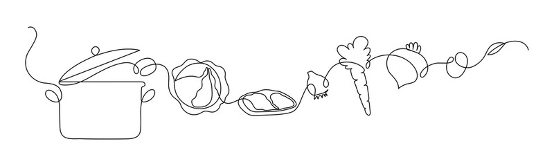 Borsch in pot. Ukrainial cuisine. Borscht recipe. Borsh components; beetroot, cabbage, meat, onion, potato, carrot, bay leaf. Continuous line drawing.