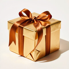 Obraz premium Elegant gold gift box with a satin ribbon bow and wrapping