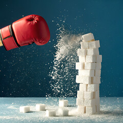 A boxing glove smashes through stacked sugar cubes
