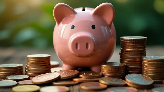Pink piggy bank surrounded by stacks of coins on wooden surface with blurred green background symbolizing money savings and financial planning.