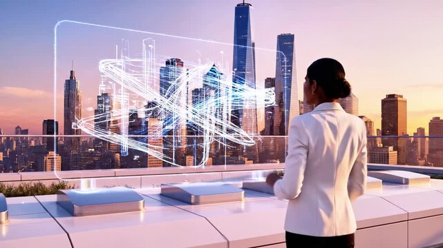 A woman in a white suit interacts with a futuristic digital interface against a city backdrop - Powered by Adobe