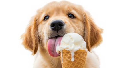 A golden retriever puppy joyfully licks a vanilla ice cream cone, isolated on transparent background, its tongue out in delight