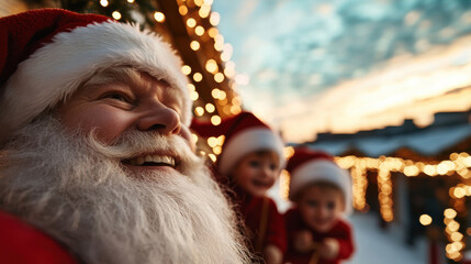 Santa shares a joyful moment with two delighted children, surrounded by festive lights, showcasing pure happiness and the magic of Christmas spirit, perfect for holiday themes.
