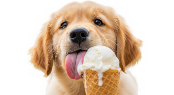 A golden retriever puppy joyfully licks a vanilla ice cream cone, isolated on transparent background, its tongue out in delight