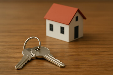 House keys on wooden table with miniature home model symbolizing real estate ownership and mortgage concept with warm lighting