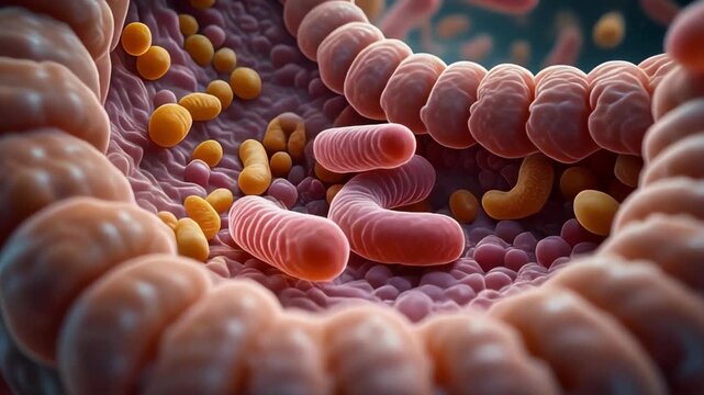 Close up of assorted colonies of bacterial microorganisms, rod-shaped and spherical cells, representing gut flora or infection under microscopic view