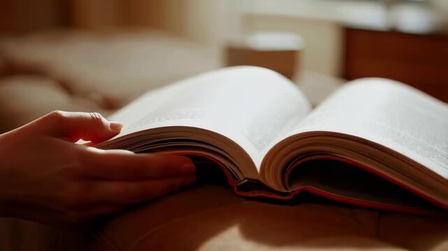 Close-Up of Hands Reading a Book in Warm Lighting - Relaxation and Learning Concept