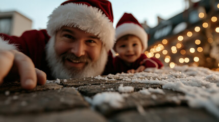 A joyful Santa poses happily with a child amidst snow, showcasing the playful and heartwarming spirit of the festive season, perfect for evoking holiday emotions.