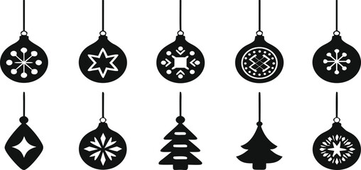 Christmas hanging ornaments silhouette vector icon set .
