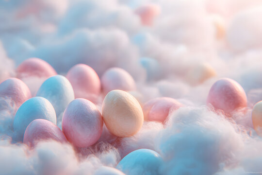 floating pastel eggs drifting in dreamy cloudlike light creating a surreal soft focus spring atmosphere