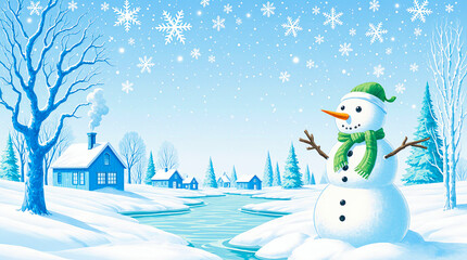 Charming snowman in a snowy winter village scene with falling snowflakes