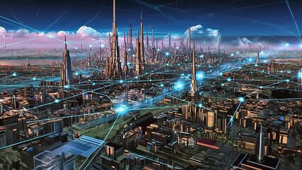 Futuristic cityscape with towering skyscrapers and a network of connections across the skyline - Powered by Adobe