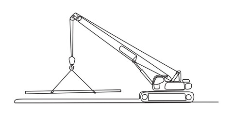 Continuous line drawing of a construction crane lifting a long beam, symbolizing heavy industry, building, and development.