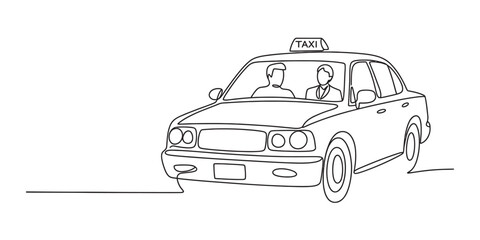 Continuous line drawing of a taxi car with a driver and passenger, illustrating urban transportation service on a clean white background.