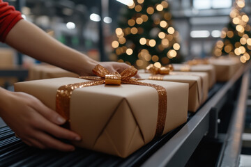 An array of beautifully wrapped gifts on a conveyor, creating a festive atmosphere indicative of the holiday season and the joy of gift-giving traditions.