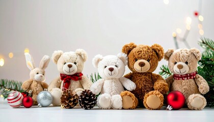 ぬいぐるみとクリスマス飾りの冬の祝祭構図 | Festive Winter Scene with Plush Toys, Holiday Decor, and Christmas Lights
