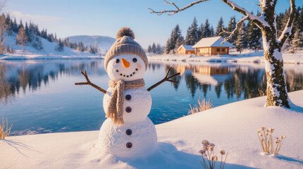 Happy snowman stands by a frozen lake in a snowy winter landscape