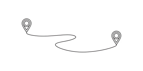 Minimalist outline two connected location pins with a wavy line, concept of travel route, journey, navigation, map, or destination path graphic.