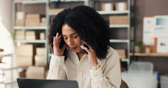 Laptop, woman or stress with phone call in logistics for supplier delay, delivery mistake or crisis. Supply chain, startup owner or frustrated with mobile contact for refund request or ecommerce fail