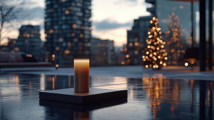 An artistic composition featuring a candle and holiday decor, capturing the essence of warmth and coziness within a festive atmosphere and modern design.