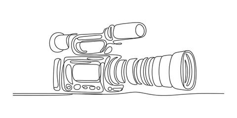 Continuous line drawing of a professional video camera, capturing the essence of filmmaking, broadcasting, and modern media art.