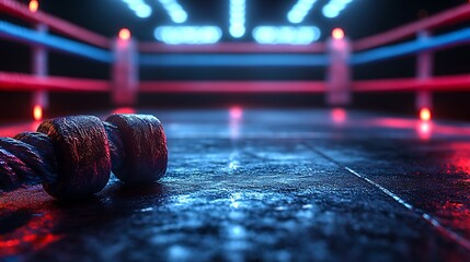 Boxing ring with jump rope in focus.