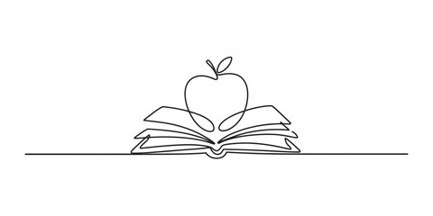 Minimalist one line drawing of an open book with a fresh apple resting on top, symbolizing education, knowledge, and learning
