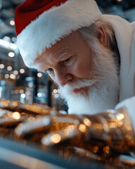 Santa Claus meticulously inspects a golden toy in his workshop, showcasing the intricate details and magical ambiance of holiday preparations and festive spirit.