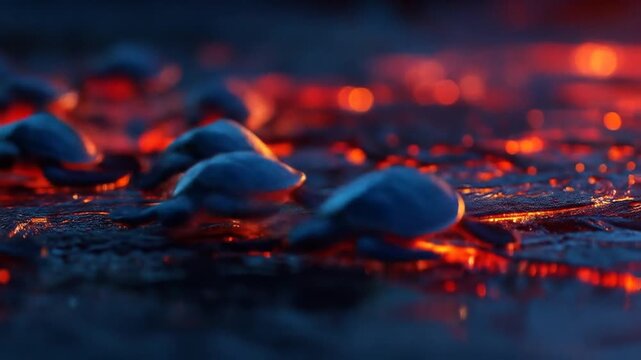 Several small creatures crawl on a surface, reflecting orange lights with a blurred background