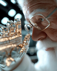 In a futuristic setting, Santa examines a glowing mechanical toy design, blending traditional elements with innovation and capturing the essence of modern Christmas creativity.