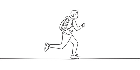Continuous line drawing of a man running with a backpack, representing travel, education, adventure, speed, and journey concept
