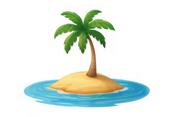 Desert island with palm tree standing on sandy beach surrounded by clear blue ocean water, transparent background