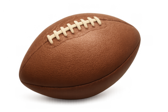 Brown american football with distinct laces and textured leather, representing sports, play, and championship events. Transparent background