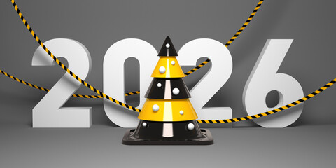Creative 2026 New Year design template with a Christmas tree shaped road cone. 3D render illustration on a road construction theme.