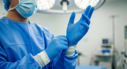 close up surgeon putting on protective blue gloves in hospital