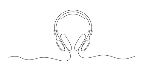 Continuous one line drawing of modern headphones with a single wavy line representing sound or connection, minimalist vector art style