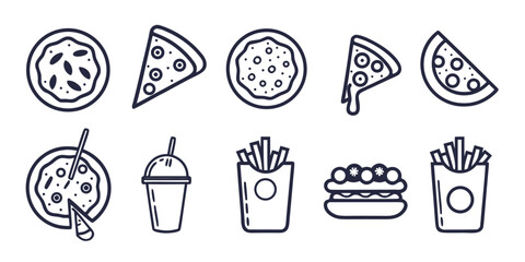 A collection of simple line art icons representing pizza, fries, a drink, and a hot dog.