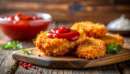 Crispy golden chicken nugget dipped into rich red ketchup sauce on wooden board with blurred background food