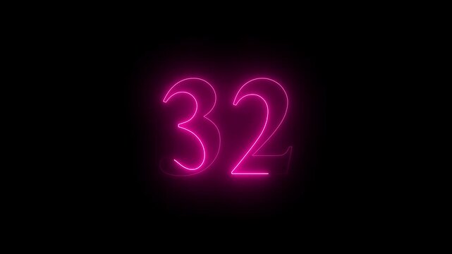 neon glowing text 32 number countdown icon on black background 4k animation. Neon number 32 with alpha channel.