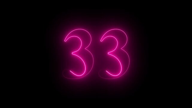 neon glowing text 33 number countdown icon on black background 4k animation. Neon number 33 with alpha channel.