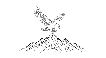 Fototapeta premium Line art drawing of an eagle soaring above majestic mountain peaks, capturing the essence of freedom and nature.