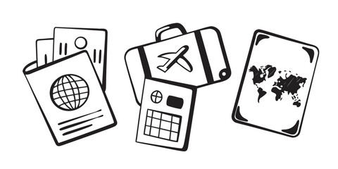 Travel essentials including a passport, suitcase, and world map.