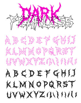 Y2k Dark Lettering tattoo vector type font in pink and black colors. Grunge style typeset in Gothic Emo Rock and Death Metal style. Scary tattoo font 00s concept.