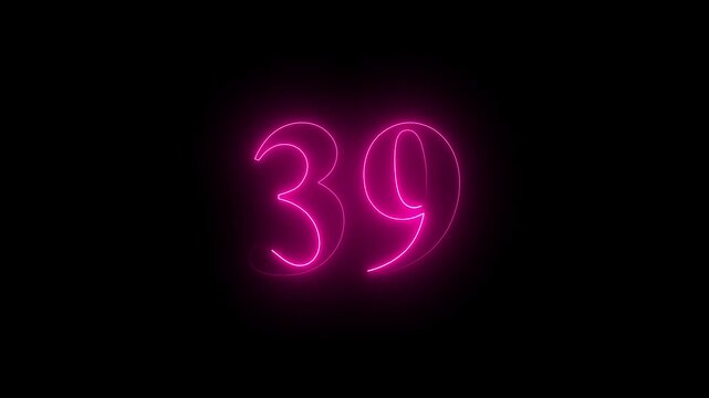 neon glowing text 39 number countdown icon on black background 4k animation. Neon number 39 with alpha channel.