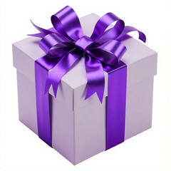 Fototapeta premium A white gift box tied with a vibrant purple satin ribbon and bow